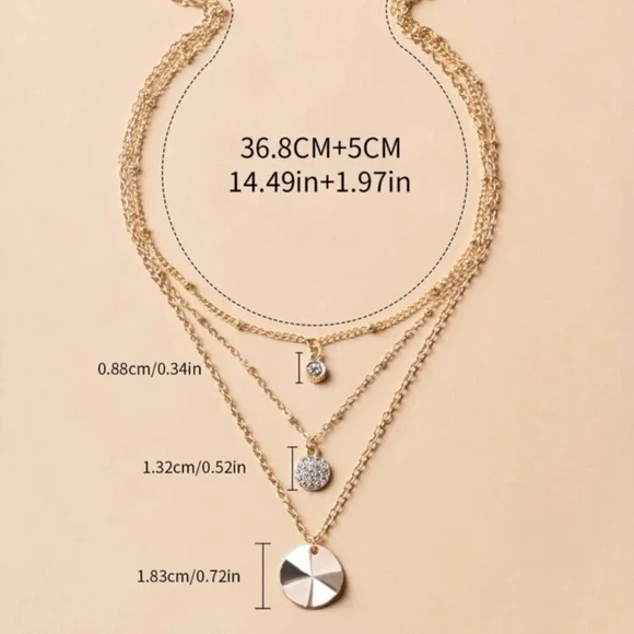 3 Layer Gold Pendant Necklace with Rhinestones - Picture 4 of 5